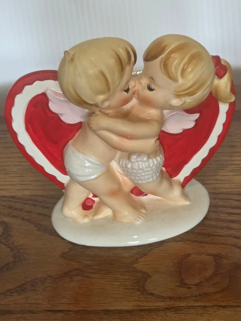 Vintage Lefton Kissing Angels Planter 2773 Valentine Red Heart Cherub Kitsch